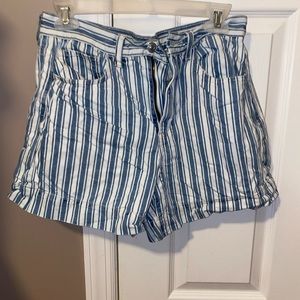 Blue and white striped mom shorts